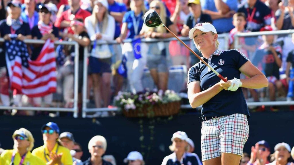 Stacy Lewis plays shot during Solheim Cup.
