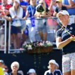 Stacy Lewis plays shot during Solheim Cup.
