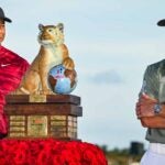 Tiger Woods and Viktor Hovland during trophy ceremony at Hero World Challenge