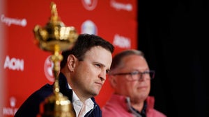 Zach Johnson and PGA of America President Jim Richerson speaks with the media as Johnson is announced as United States Ryder Cup Captain for 2023 during a press conference at PGA of America Headquarters on February 28, 2022 in Palm Beach Gardens, Florida.