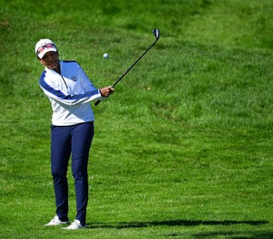 Condoleezza Rice plays a shot at the 2018 celebrity challenge during the Ryder Cup in Paris.