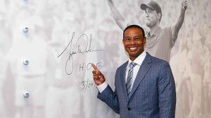 Tiger Woods points at a wall