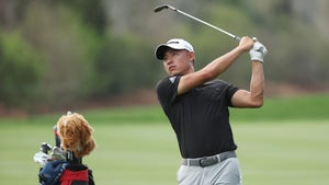 Collin Morikawa plays irons shot during 2022 Players Championship practice