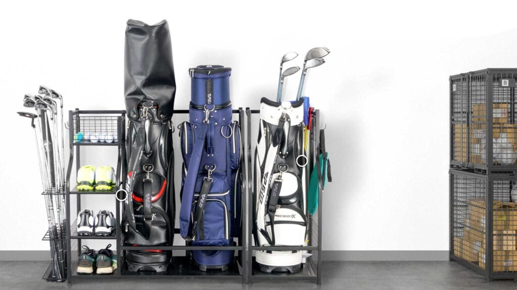 Golf clubs in a garage