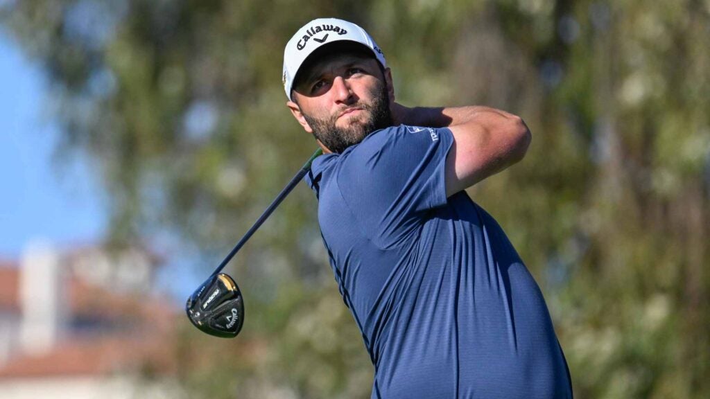 Jon Rahm plays a driver shot during the 2022 Genesis Invitational