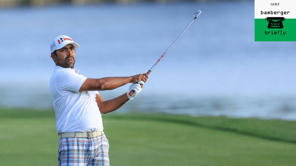 Anirban Lahiri of India plays his second shot on the par 4, 18th hole the final round of THE PLAYERS Championship at TPC Sawgrass on March 14, 2022 in Ponte Vedra Beach, Florida.