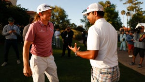 Cam Smith of Australia and Anirban Lahiri of India are seen talking after the final round of THE PLAYERS Championship on THE PLAYERS Stadium Course at TPC Sawgrass on March 14, 2022, in Ponte Vedra Beach Florida