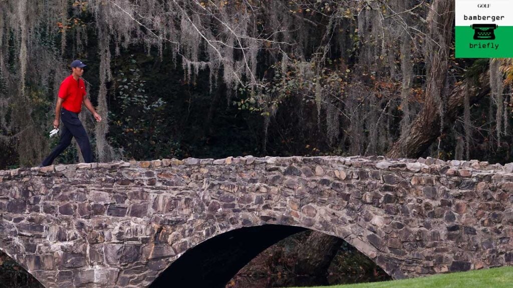 Masters champion Tiger Woods crosses the Nelson Bridge during Round 4 of the Masters at Augusta National Golf Club, Sunday, November 15, 2020. (Photo by Augusta National via Getty Images)