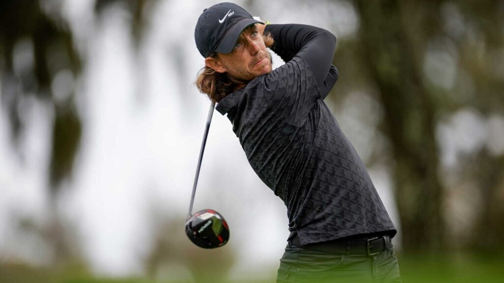 Tommy Fleetwood hits driver during 2022 Players Championship