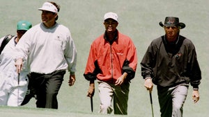 Fred Couples, Tiger Woods and Greg Norman ahead of the 1996 Masters.