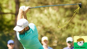 Dustin Johnson hits drive during 2022 Masters