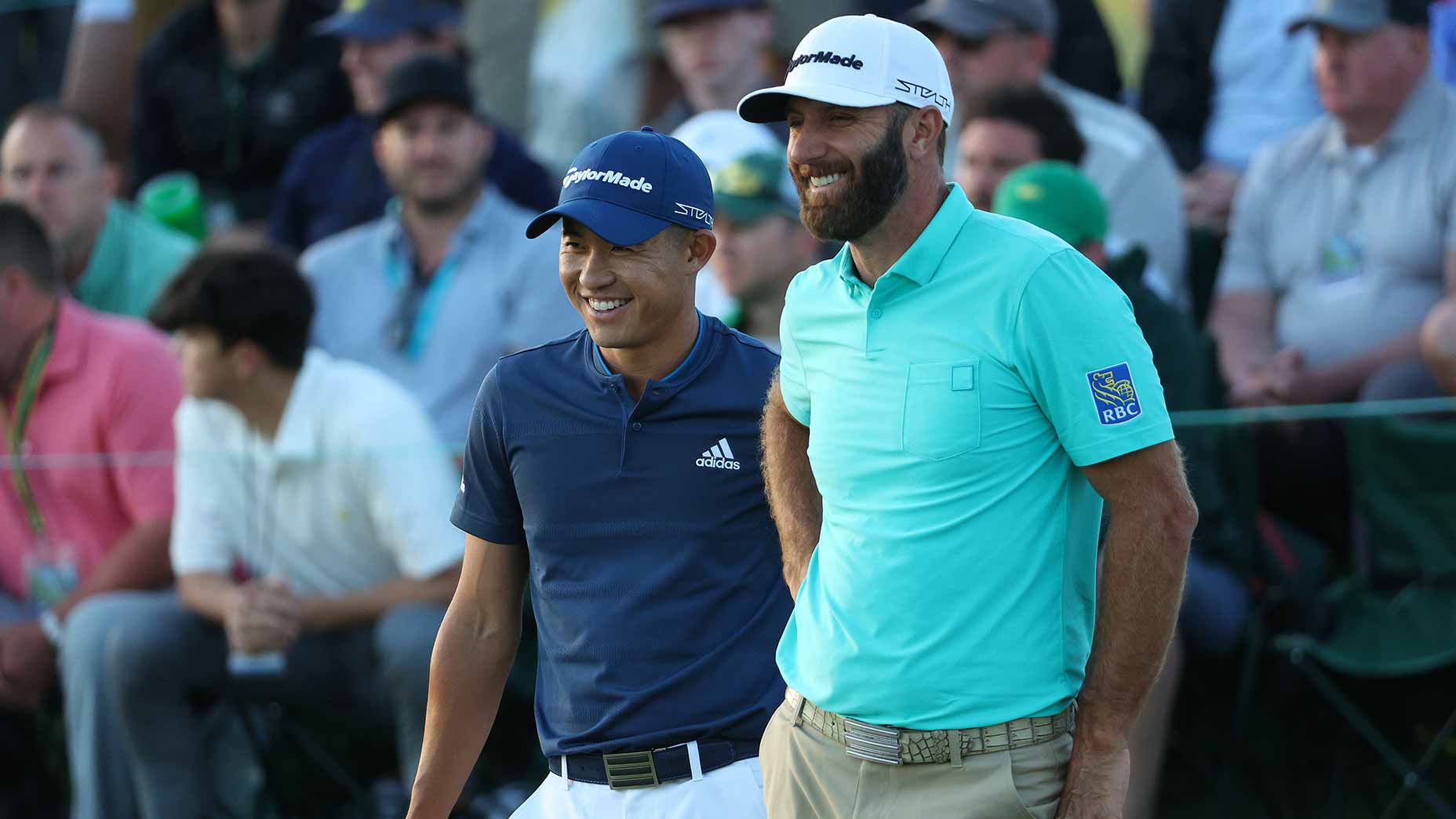 dustin johnson and collin morikawa smile