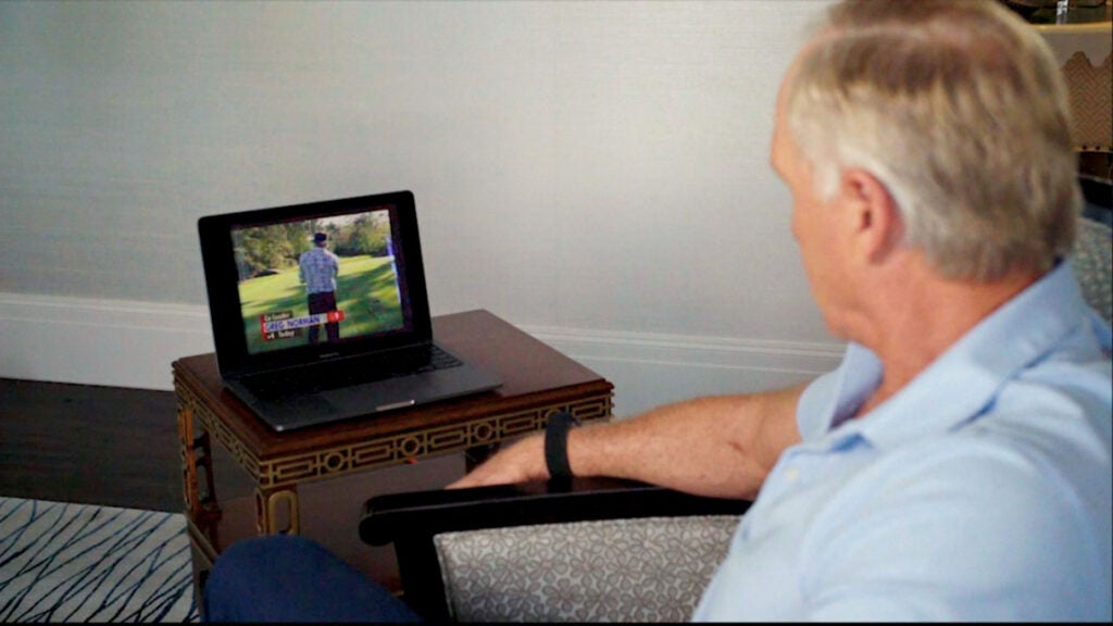 Greg Norman re-watches his 1996 Masters collapse in ESPN's new "Shark" documentary.