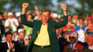 Bernhard Langer of Germany celebrates after receiving the green jacket for winning the US Masters at the Augusta National Golf Club in Augusta, Georgia, USA on April 11, 1993. (photo by David Cannon/Getty Images)