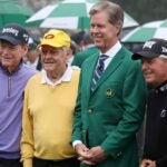 jack nicklaus tom watson and gary player stand with fred ridley