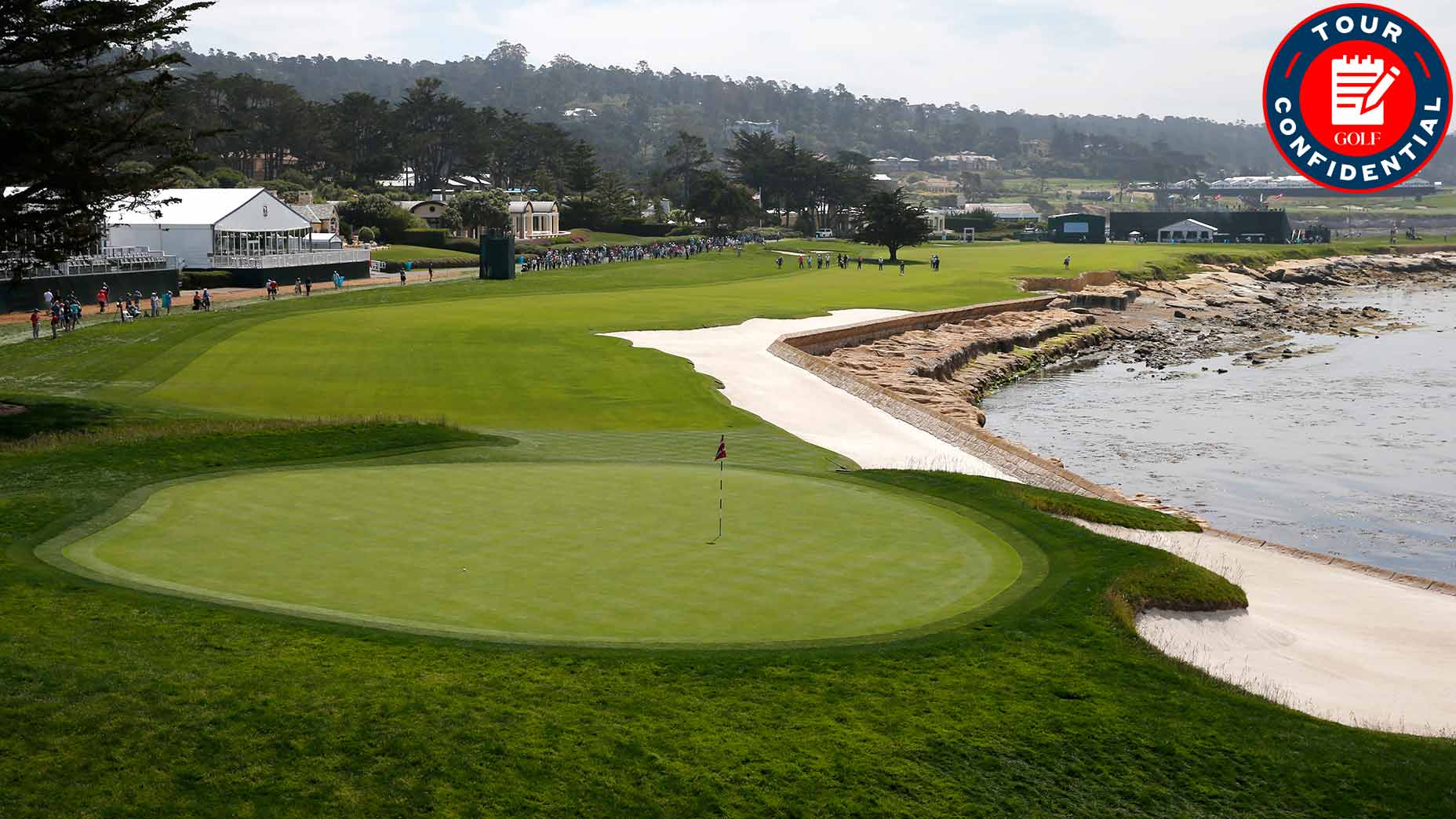 A general scenic view of the 18th hole taken during the practice round for the 2019 US Open on June 11, 2019