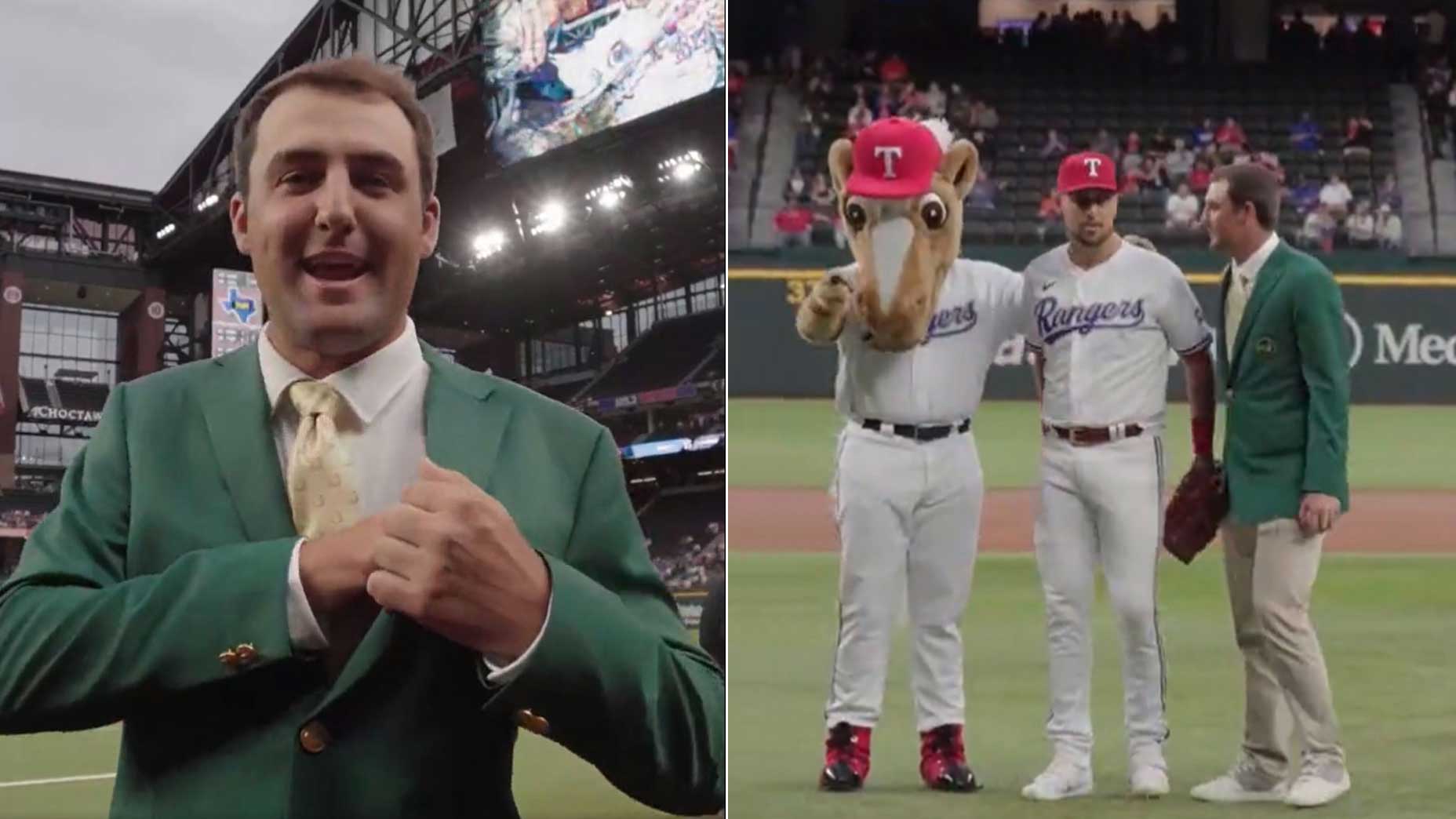 Scottie Scheffler in a green jacket throws out the first pitch at a Texas Rangers game