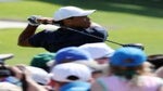Tiger Woods hits a driver during 2022 Masters practice round