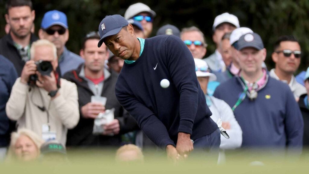 Tiger Woods hits shot during third round of 2022 Masers