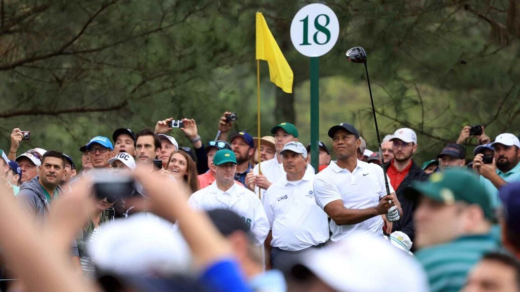 Tiger Woods hits a tee shot on Wednesday at the Masters.