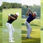 four golfers swing