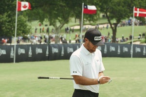 Mito Pereira in front of the Chilean flag at the PGA Championship.