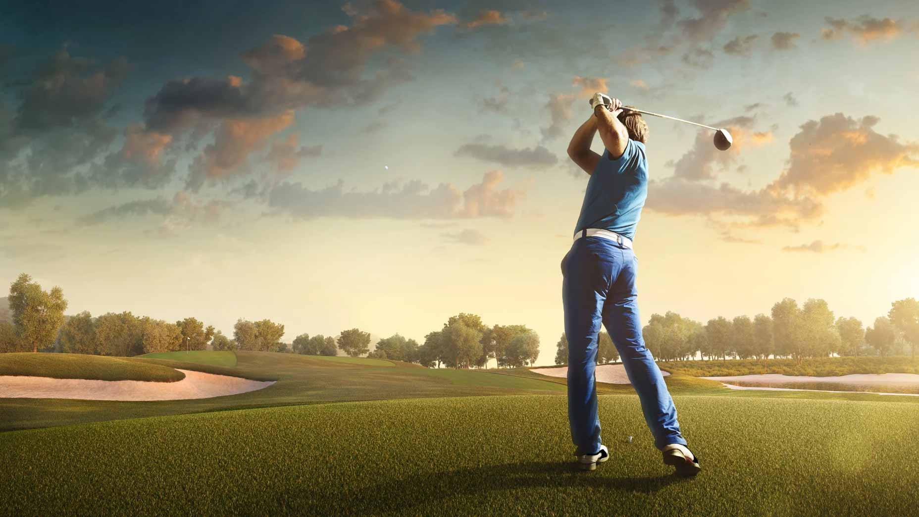 Man playing Golf on beautiful Golf course. The course is made in 3D.