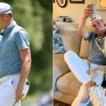 Justin Thomas drinks beer with Wanamaker trophy