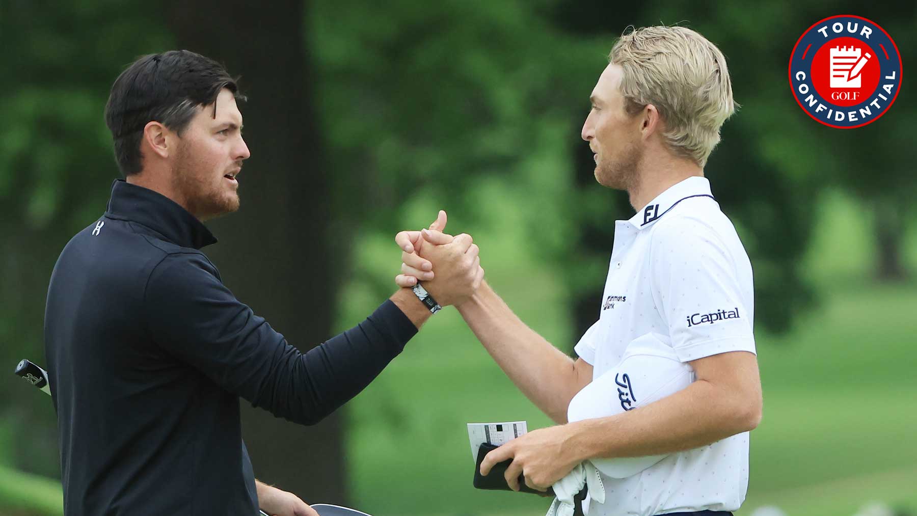 Mito Pereira of Chile and Will Zalatoris of the United States shake hands on the 18th green during the third round of the 2022 PGA Championship at Southern Hills Country Club on May 21, 2022 in Tulsa, Oklahoma