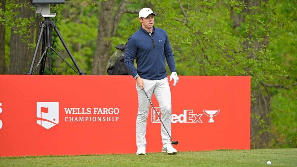 Rory McIlroy prepares to hit tee shot at 2022 Wells Fargo Championship