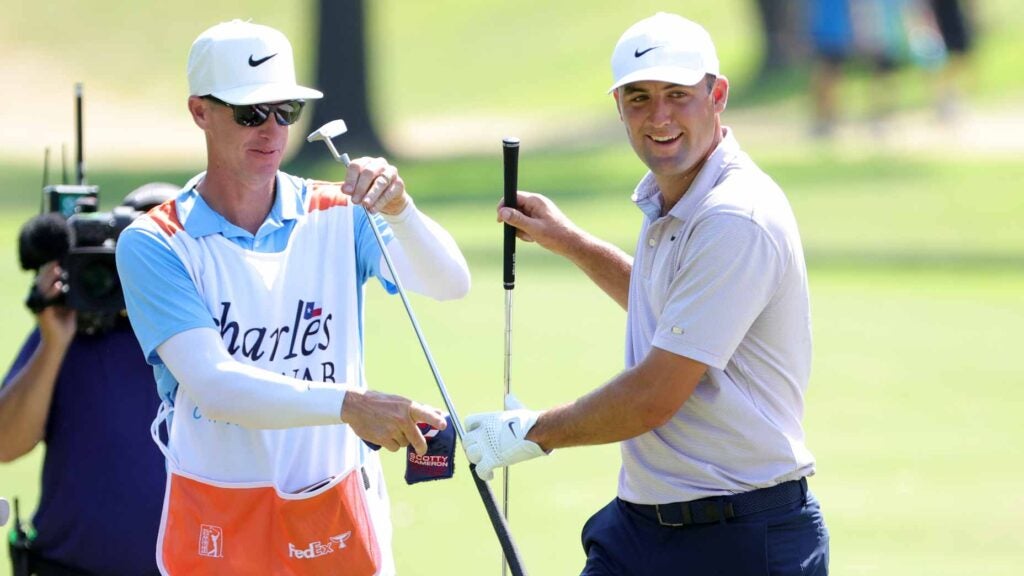 Scottie Scheffler and caddie during 2022 Charles Schwab Challenge