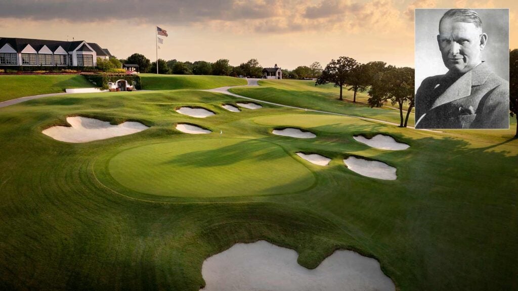 A view of the 9th and 18th holes at Southern Hills Country Club and its architect (inset) Perry Maxwell.