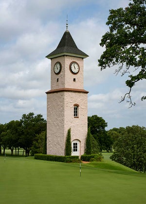 A green and clock tower at Southern Hills.