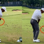 Two frames of Tiger Woods practicing hitting wedges at the 2022 PGA Championship