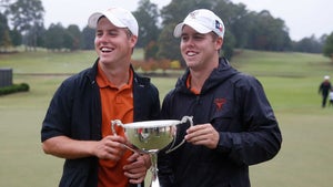 Pierceson and Parker Coody of the Texas Longhorns Men's Golf Team pose with the East Lake Cup after the match on Day 3 of the 2019 East Lake Cup at East Lake Golf Club on October 30, 2019 in Atlanta, Georgia.