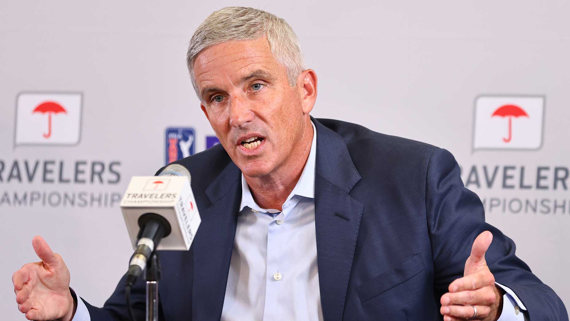 Jay Monahan speaks to the media at the Travelers Championship on Wednesday.