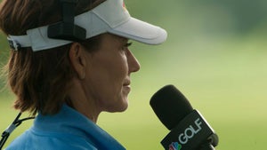 Reporter Kay Cockerill watches play during Round Two of the 2015 KPMG Women's PGA Championship held at Westchester Country Club on June 12, 2015 in Harrison, New York.