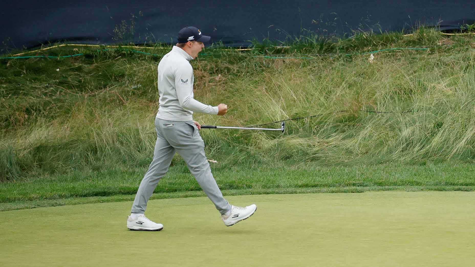 Matt Fitzpatrick celebrates after making a birdie putt on the 13th hole on Sunday at The Country Club.