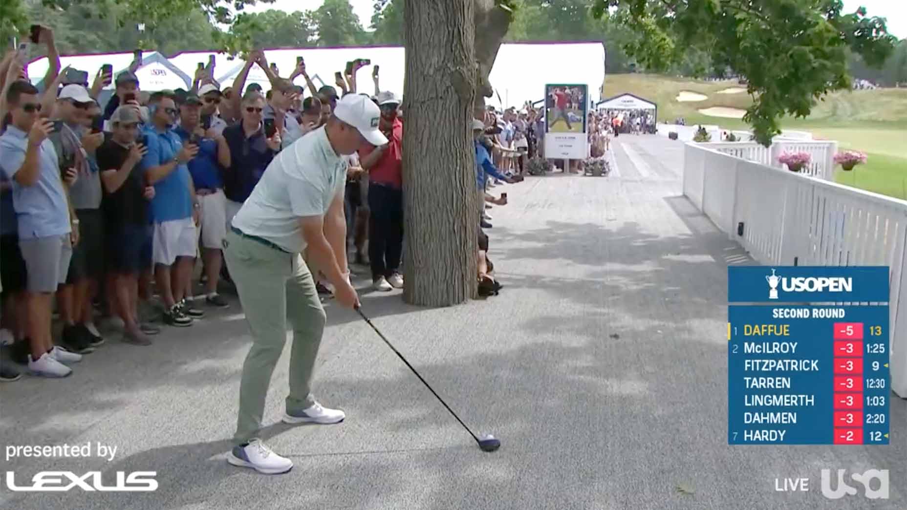 MJ Daffue hits a shot off the spectator pavilion on Friday at the U.S. Open.