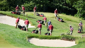 Members of the grounds staff work on the course during a practice round at the 2022 U.S. Open at The Country Club in Brookline, Mass. on Monday, June 13, 2022. (Jeff Haynes/USGA)