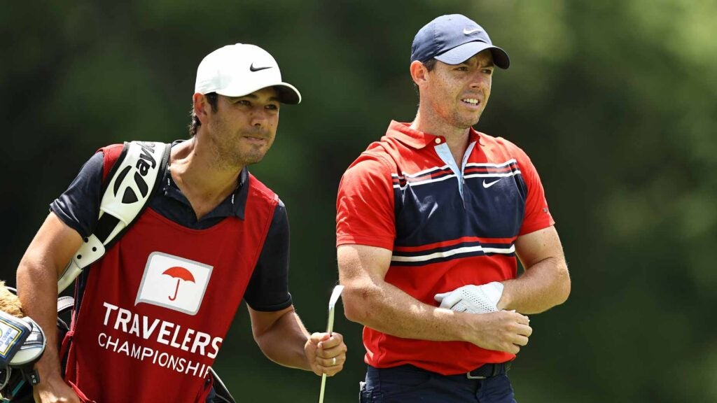 Rory McIlroy with caddie at 2021 Travelers Championship