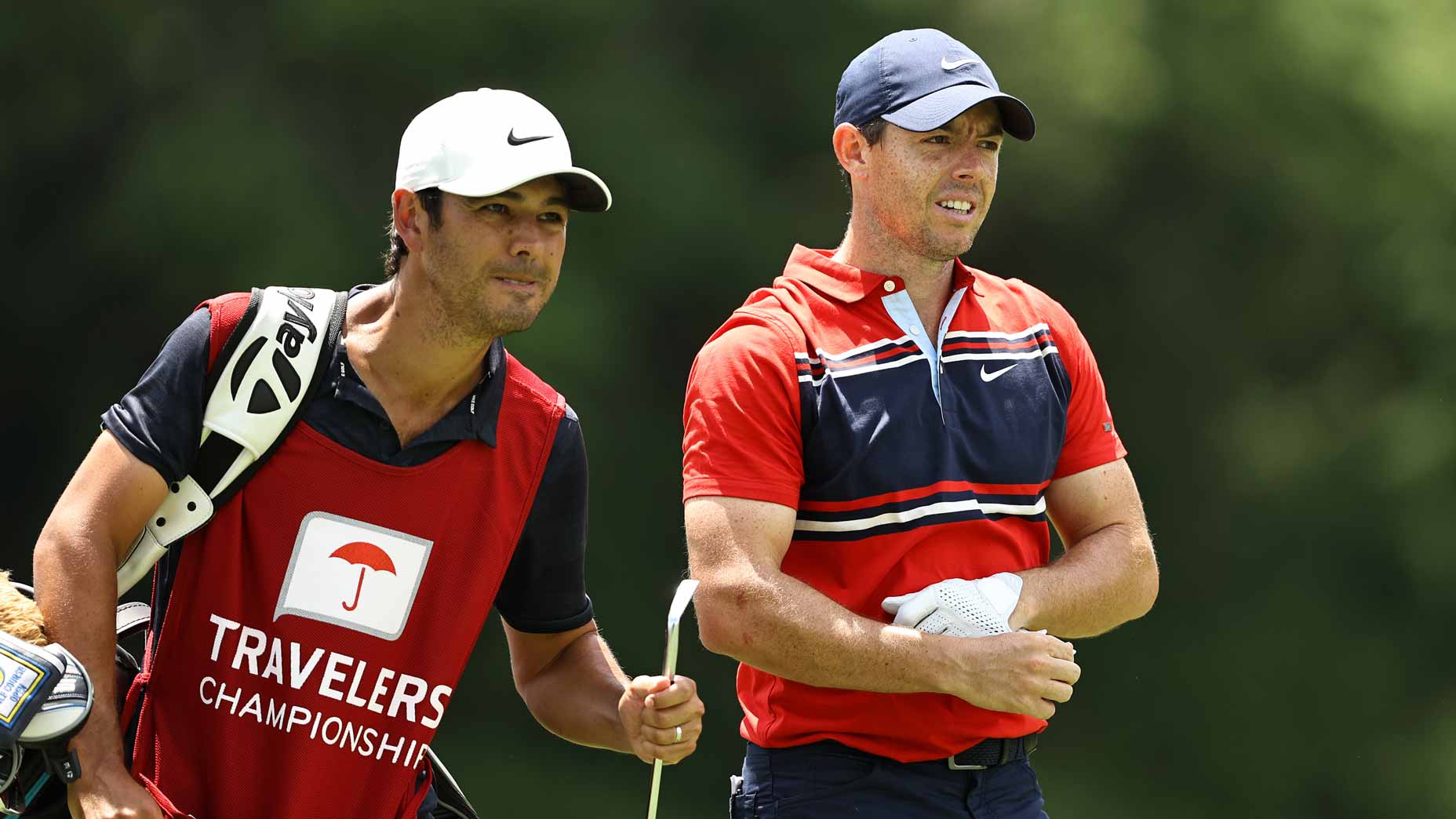 Rory McIlroy with caddy at 2021 Travelers Championship