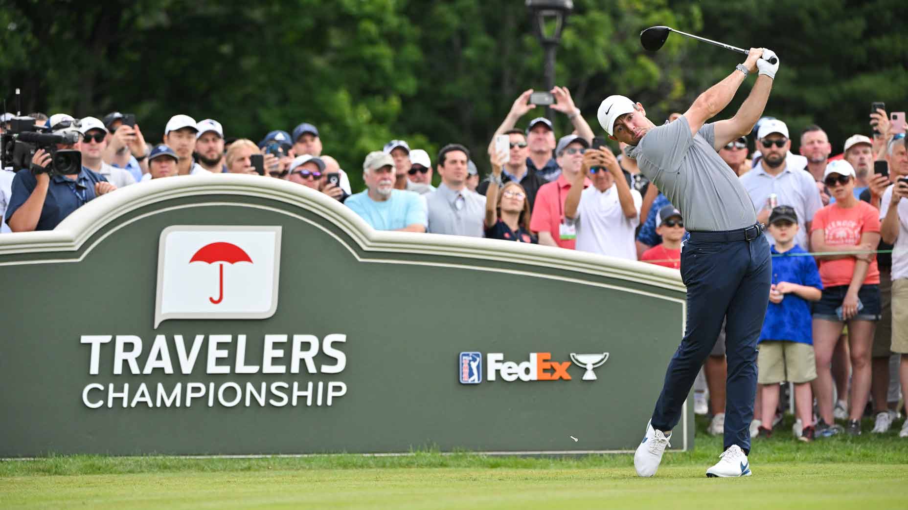 Rory McIlroy hits drive at 2022 Travelers Championship