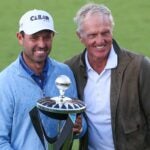 Charl Schwartzel of South Africa holds the winners trophy and poses for a photo with Greg Norman, LIV Golf CEO, after day three of the LIV Golf Invitational at The Centurion Club on June 11, 2022 in St Albans, England.