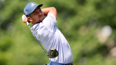 Xander Schauffele hits a drive on Sunday at the Travelers.