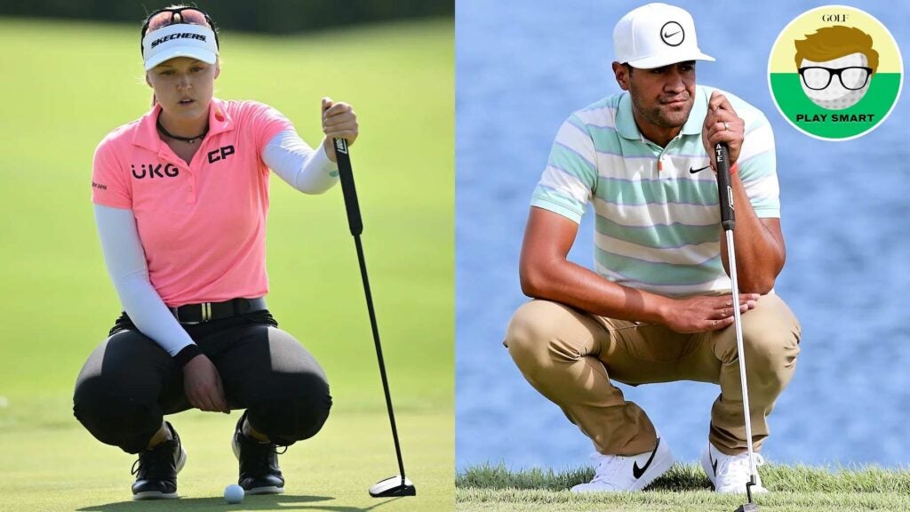 Golfers Brooke Henderson and TOny Finau with putters during recent tournaments