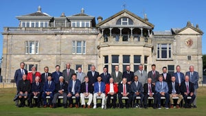 Former Open Champions pose for a photo with Martin Slumbers, Chief Executive of the R&A outside The R&A Clubhouse prior to The 150th Open at St Andrews Old Course on July 12, 2022 in St Andrews, Scotland
