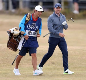 Rory McIlroy walks down the fairway at the old course during the 2022 open championship.