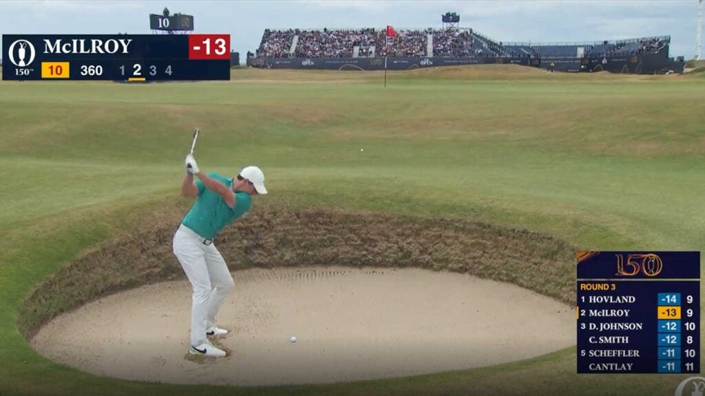 Rory McIlroy sets up for his bunker shot on the 10th hole on Saturday at 2022 Open Championship