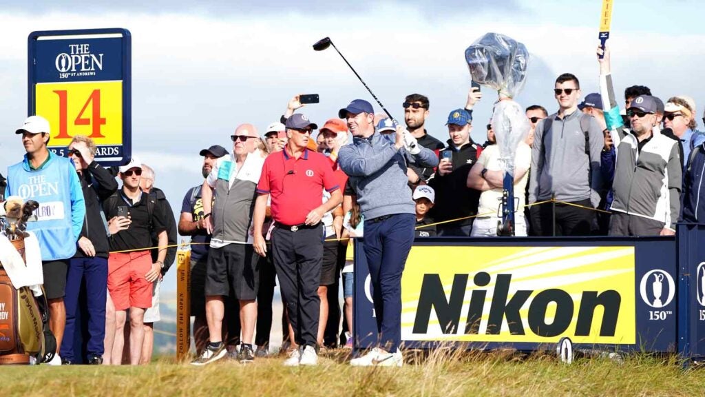 Rory McIlroy watches tee shot at 2022 Open Championship
